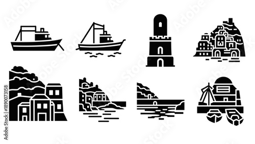 Nautical and coastal icon set featuring boats and seaside architecture in silhouette style