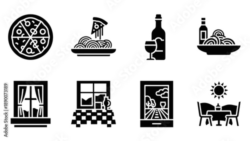 Italian dining icons collection: pizza, pasta, wine, and scenic windows in bold black silhouette style