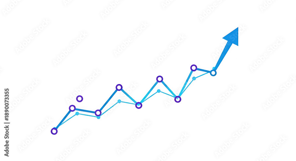 Obraz premium Blue and purple upward trending line with arrow and dots on black background isolated on a transparent background