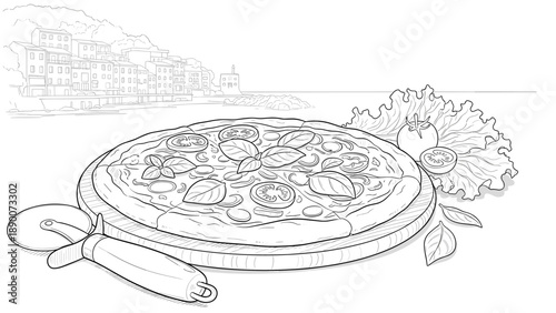 Hand drawn pizza with toppings at seaside italian village