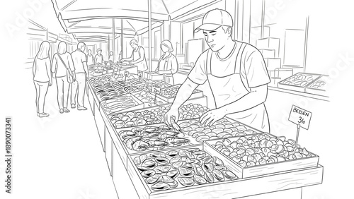 Linear market scene with vendors and fresh produce display