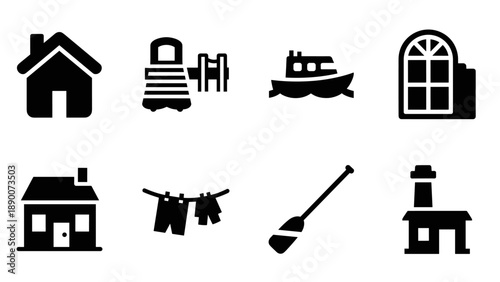 Home and outdoor silhouette icons: boats, playgrounds, and more