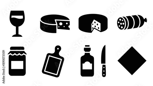 Silhouette icons of wine and cheese with charcuterie elements