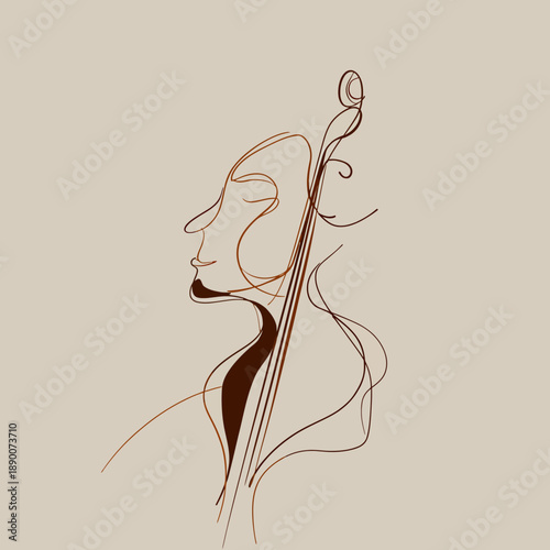 Minimalist illustration of a face and an instrument in brown on a light brown background