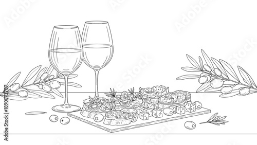 Two glasses and tapas on table with olives and cheese in linear style