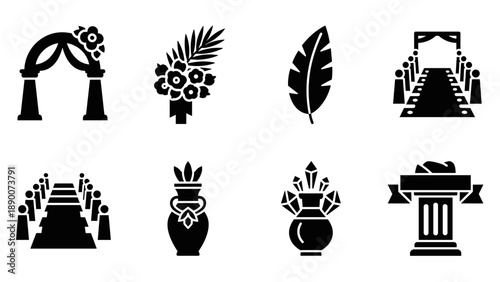 Elegant silhouette icons of wedding and floral decorations