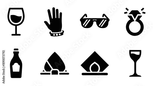 Bold icon set: wine glass, hand gesture, sunglasses, diamond ring, and more