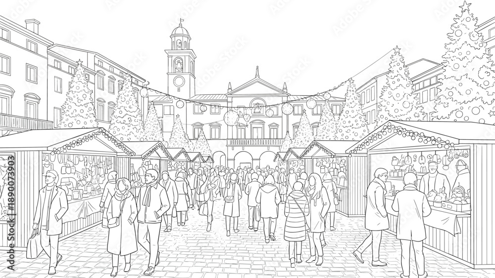 Obraz premium Festive holiday market in historic square line art