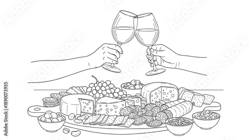 Celebration cheers over gourmet cheese platter with wine in outline style