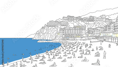 Scenic beach with coastal town in minimalistic line art style