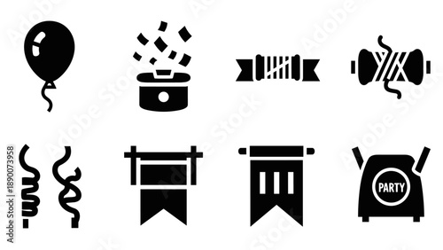 Celebration icons set: festive balloon, party decorations, and streamers in black silhouette style