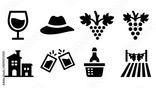 Wine and vineyard icons: silhouettes of glass, grapes, hat, and farm elements
