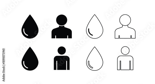 Simple black and white icons depicting water droplets and human figures