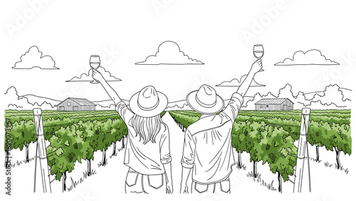 Couple toasting in vineyard landscape with line art style
