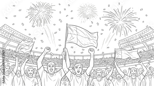 Excited crowds at stadium celebration with fireworks and flags in line art style