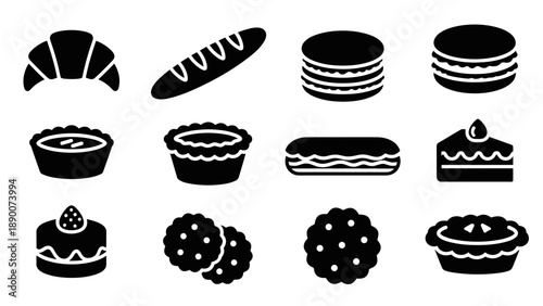 Black and white bakery icons featuring classic pastries