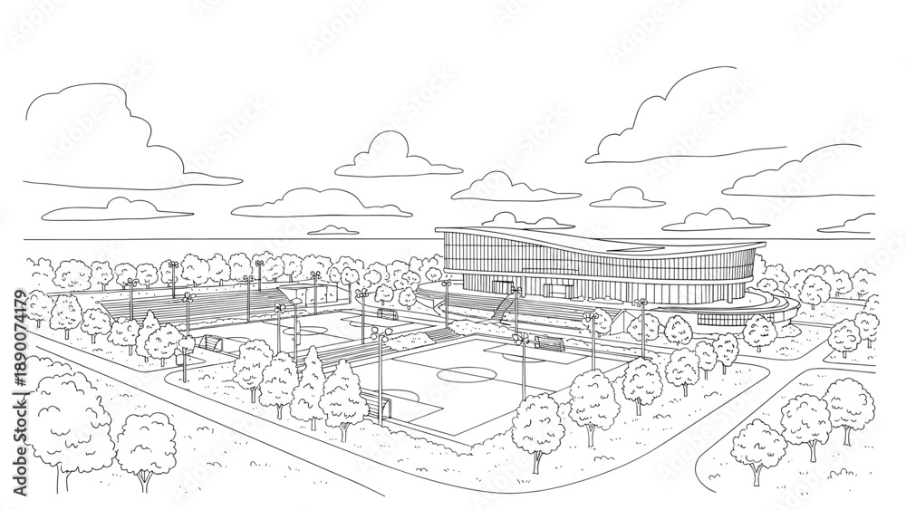 Obraz premium Modern sports complex with outdoor courts and green landscape