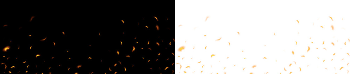 Realistic fire flames with glowing embers and sparks isolated on transparent background. Warm flowing fire effect for overlay design.