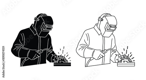 Two illustrations of welders working with sparks and protective gear