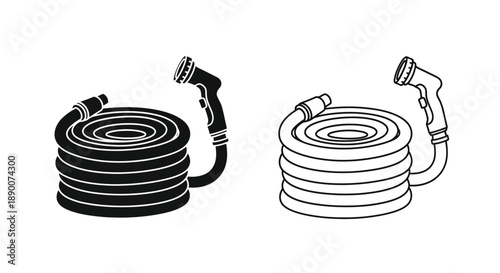 Coiled garden hoses in black and white line art illustration