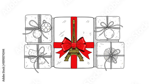 Elegant christmas gift boxes with eifel tower and red ribbons in artistic hand-drawn style