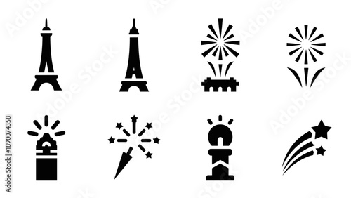 Paris silhouettes with fireworks and iconic symbols