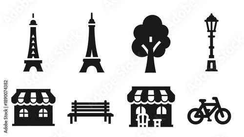 Silhouette icons of paris landmarks and urban elements for modern designs