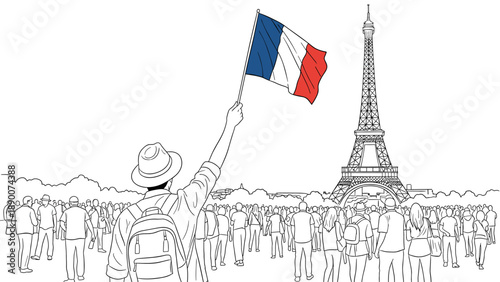 Tourist with french flag in paris with eiffel tower outline