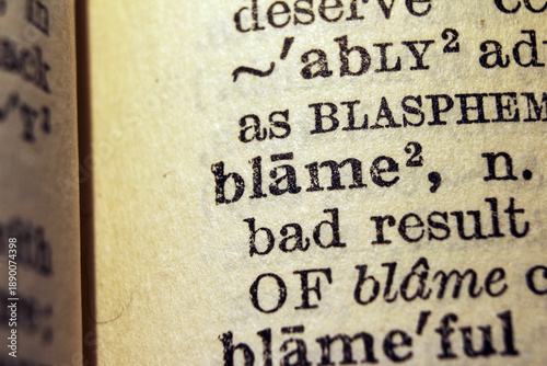 Bild auf Leinwand Word blame printed on dictionary page, macro close up