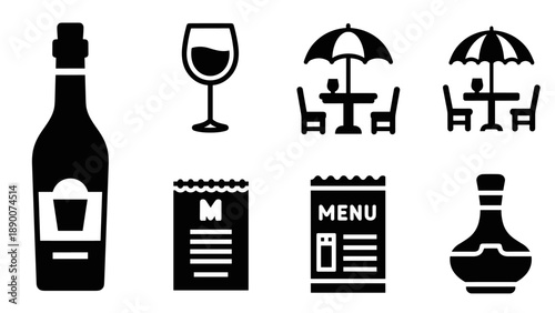 Restaurant icons: wine, dining, and liquor in simple silhouette style
