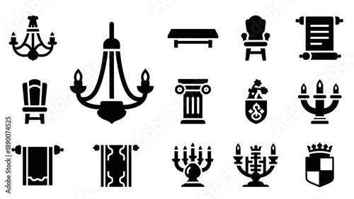 Elegant silhouette icons of chandeliers and royal decorations
