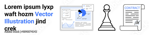 Business growth, decision-making, analytics, contract negotiation, corporate strategy, visual data. Pie chart, chess piece signed contract. Business growth and decision-making concept