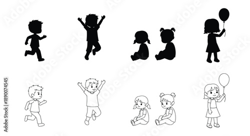 Silhouettes and line drawings of children playing with balloons