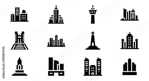 City skyline icons: modern urban building silhouettes collection