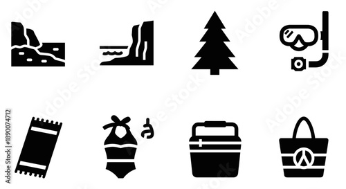 Summer beach icons: nature, swim, and relaxation in simple black silhouettes