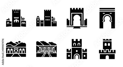Collection of castle icons with arches and towers in minimalist black silhouette style