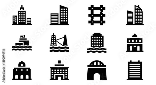 City building icon set featuring urban silhouettes and abstract skyscrapers