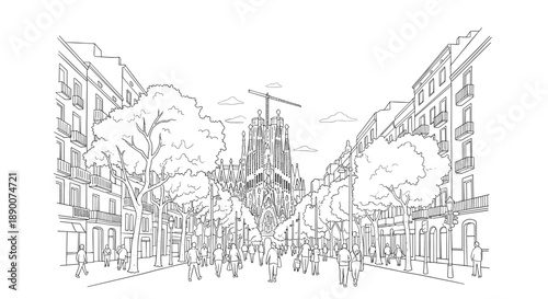 Barcelona street scene: linear art of la sagrada família with city vibes