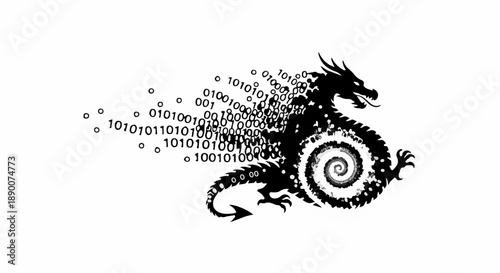 Mythical dragon transforming into digital data stream, symbolizing technology and fantasy fusion