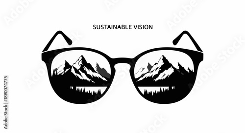 Spectacles reflecting a serene mountain landscape with trees, symbolizing a sustainable future.