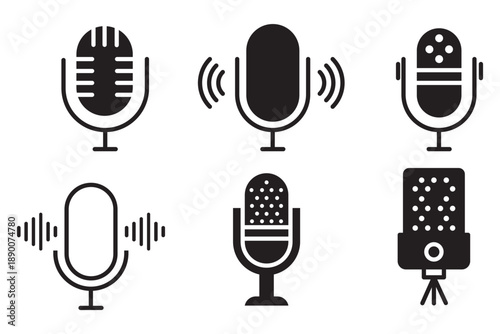 Microphone vector icon set professional studio mic broadcast podcast recording audio equipment design