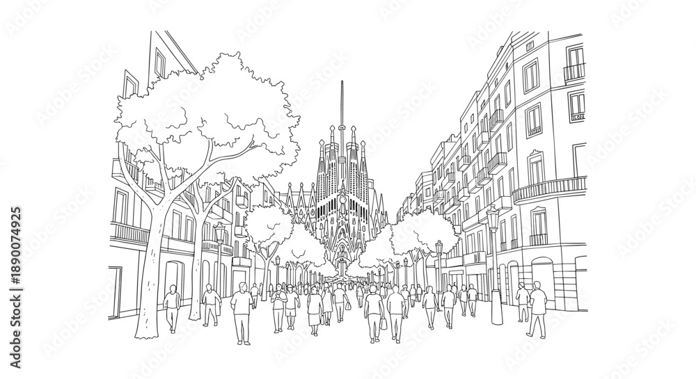 Obraz premium Line art cityscape of barcelona featuring sagrada familia and urban scene with trees and architecture