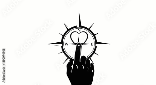 Finger points to heart shape on compass, symbolizing finding love or direction in life.