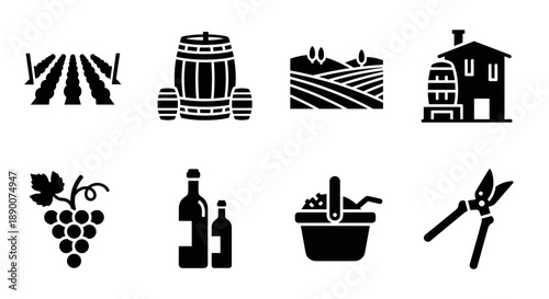 Wine making icons: vineyard, barrel, and tools in bold silhouette style