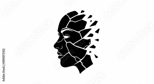 Abstract black profile of a face fragmenting into geometric shards against a white background, symbolizing breakdown or transformation.