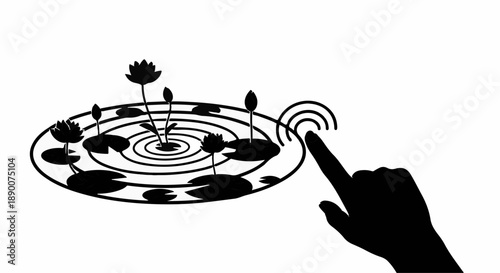 Finger touching water surface creating ripples around lily pads and flowers.