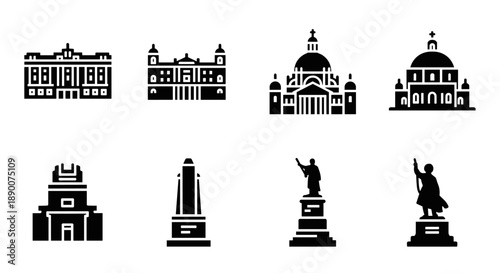Iconic monument silhouettes: famous landmarks and statues in bold black and white