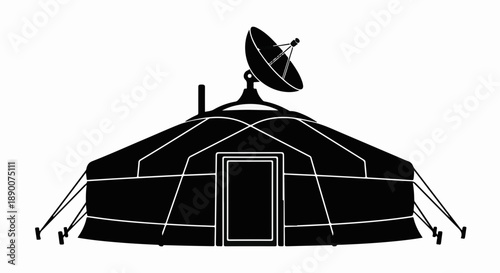 Modern yurt equipped with satellite dish and chimney, symbolizing nomadic technology integration.