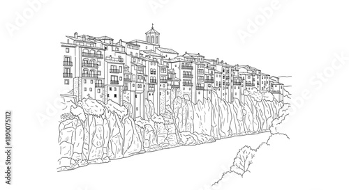 Historic cliffside town in linear style: a scenic architectural marvel