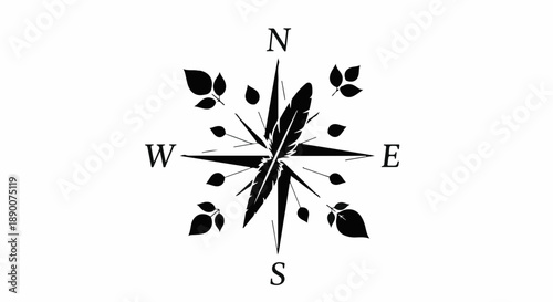 Stylized compass rose with floral accents indicating direction and nature